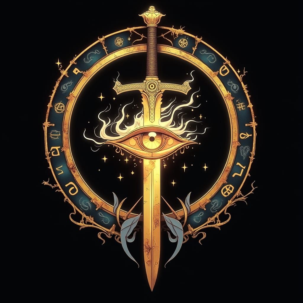 Ancient Sigil with Golden Eye and Sword in Ethereal Flames