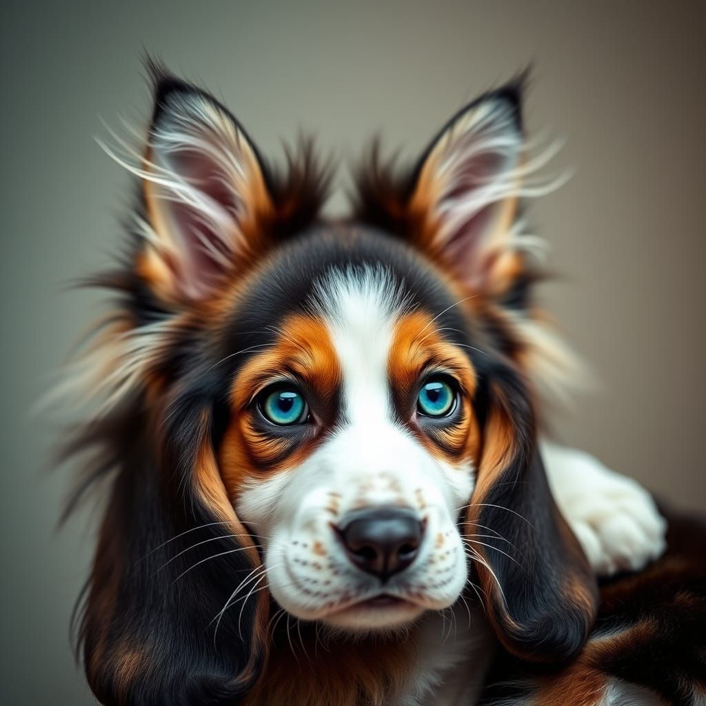 Siberian Cat Hugging Basset Hound Portrait