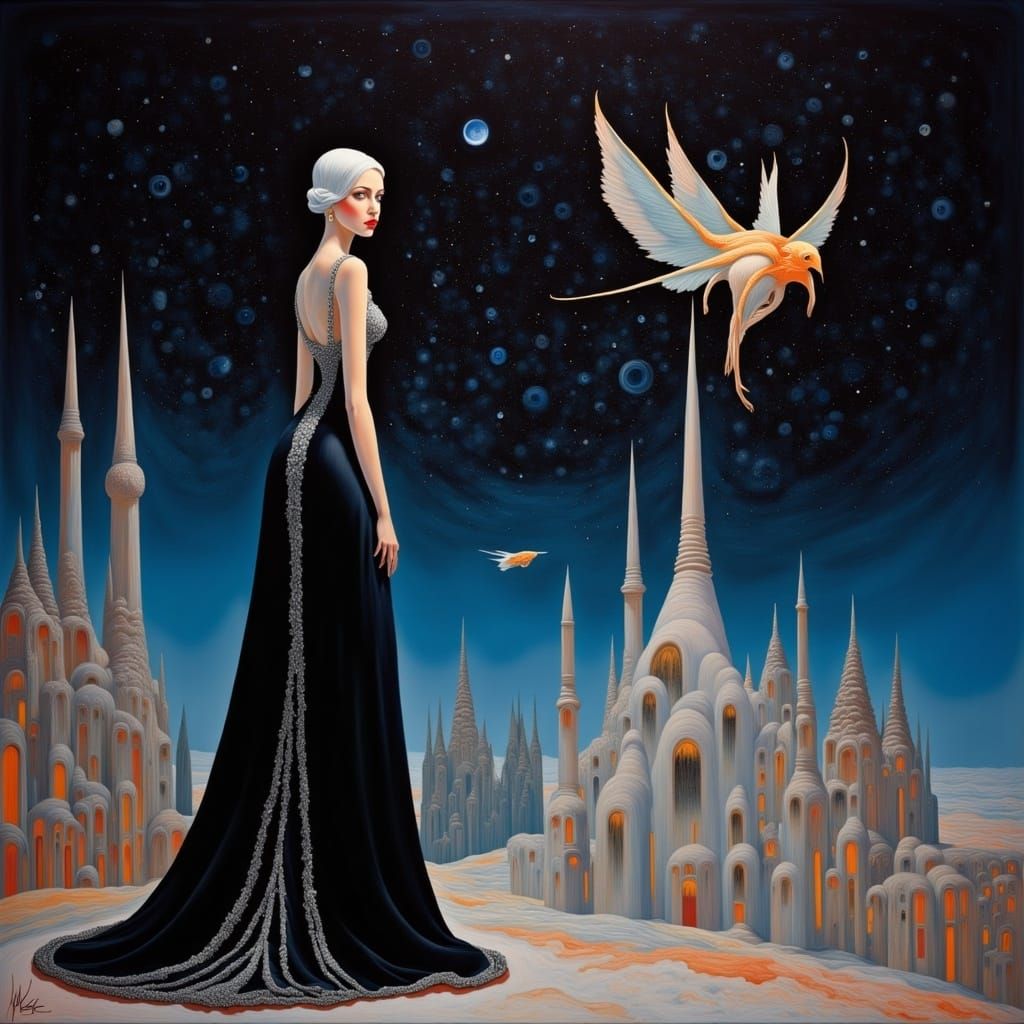 Glamorous Woman in Black Gown Contemplates Celestial Scene