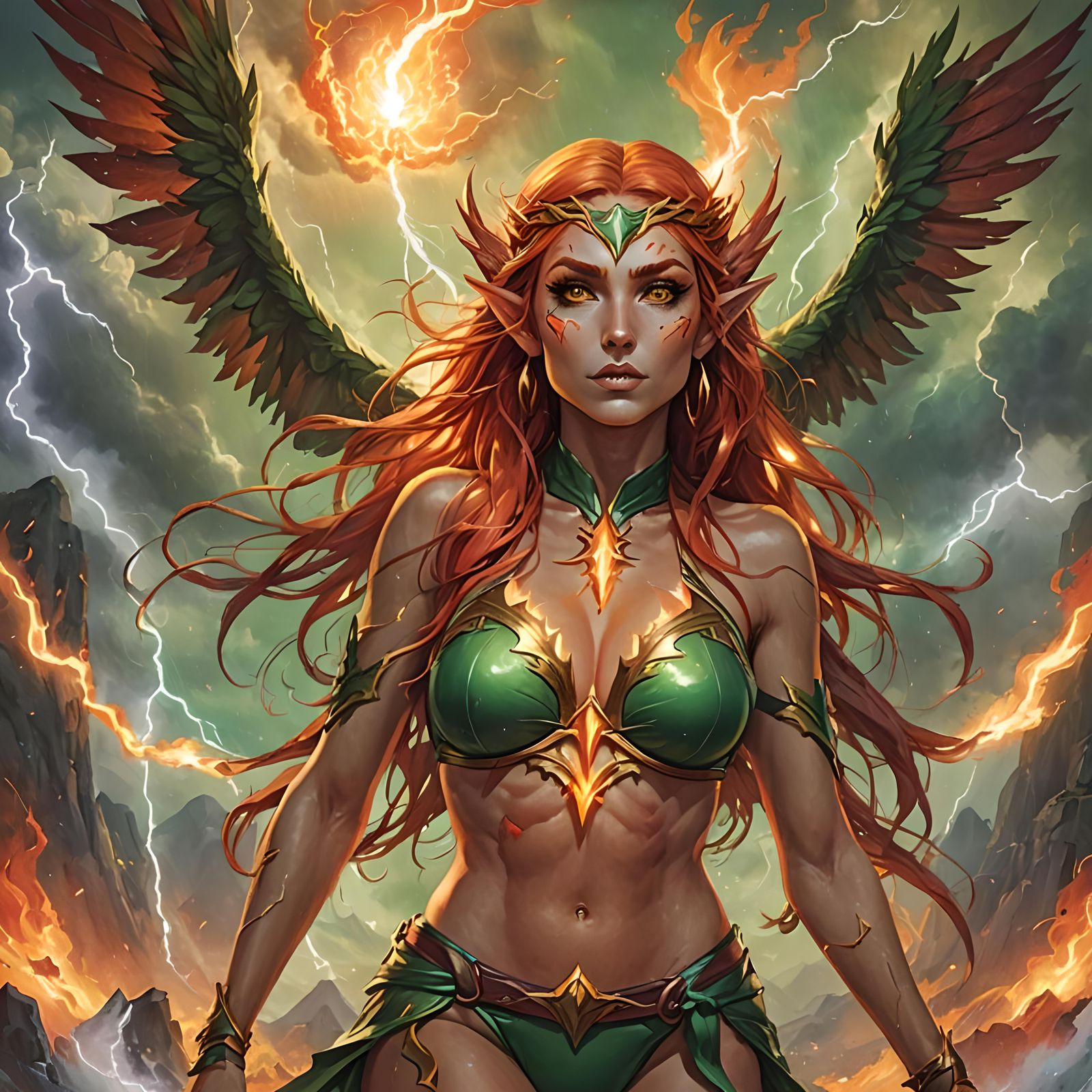Elf with Phoenix in Fiery Skies
