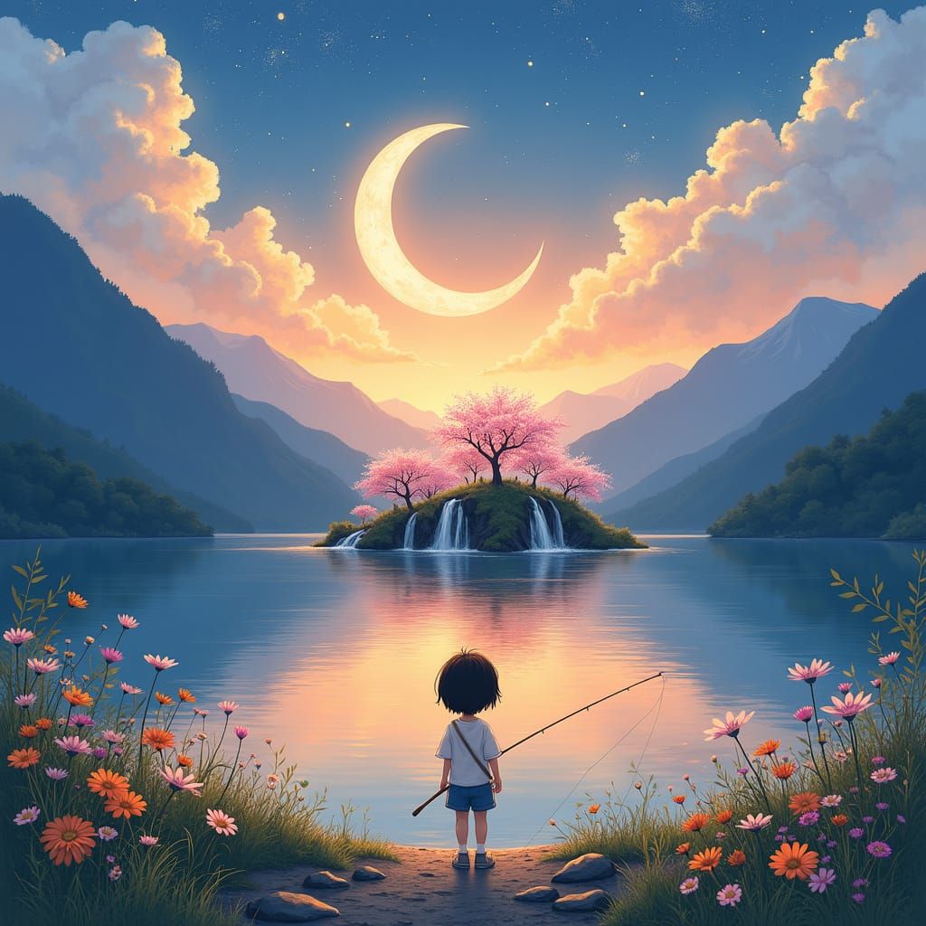 Serene Child Amidst Whimsical Lake Scene in Dreamlike Waterc...