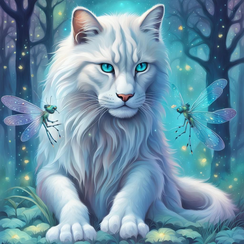 Invites "very large feline, side, with different turquoise colored eyes, long and silky fur, 5 toes on 4 legs maximum Wi...