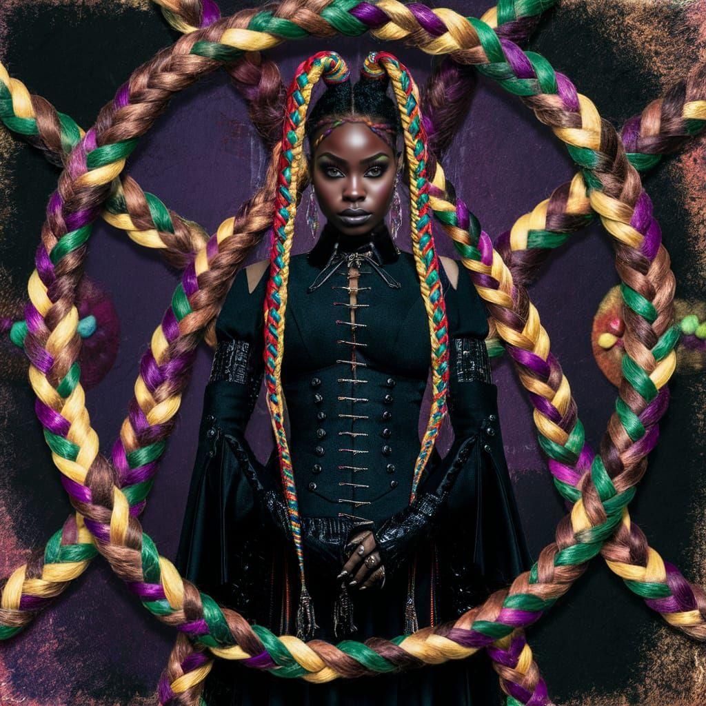 Goth african black dark skinned woman with rainbow braided hair head and shoulders portrait,