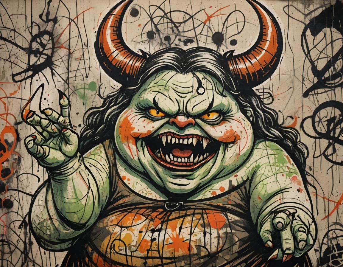 Naive Art: Angry Woman with Horns and Fangs