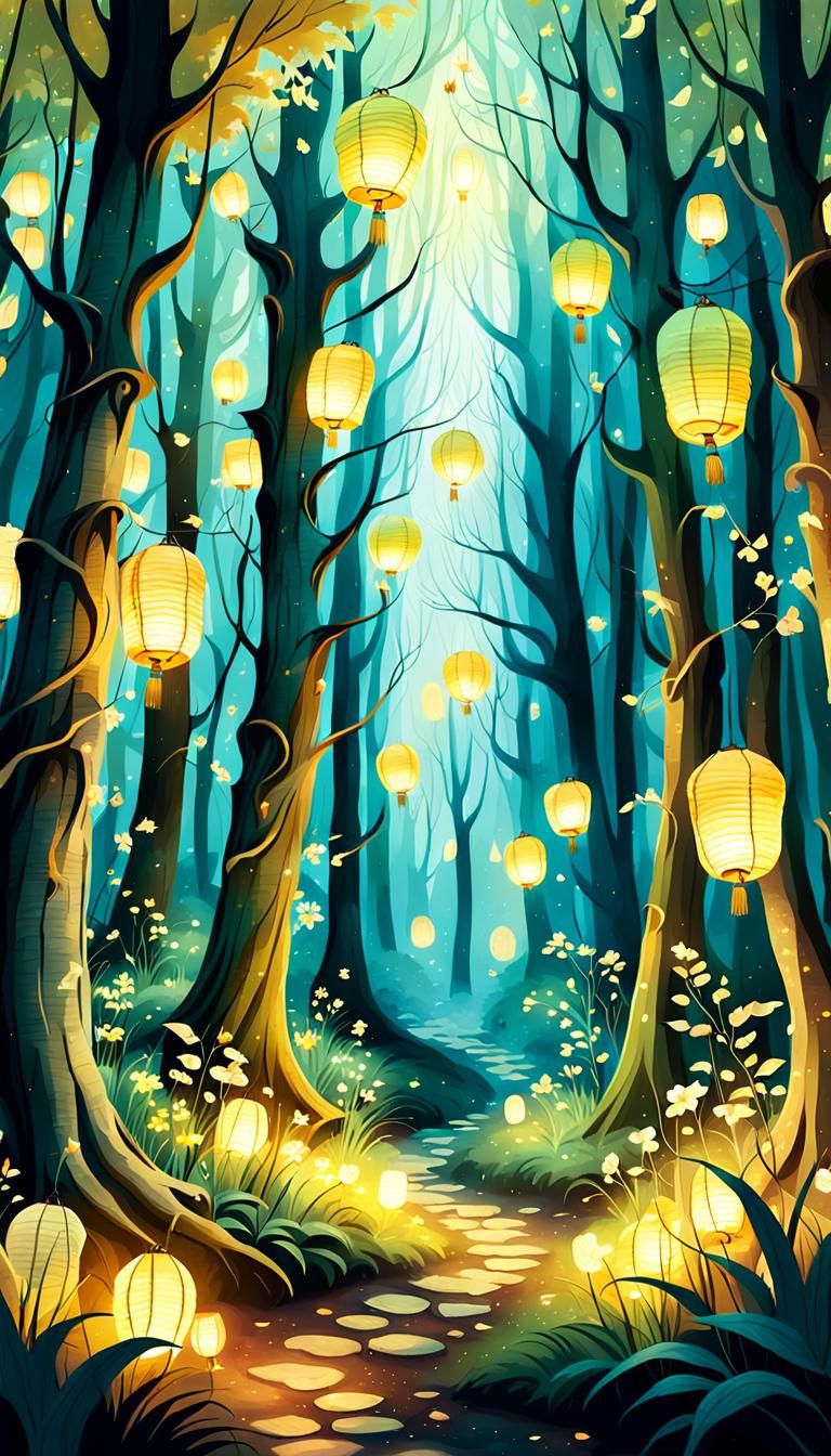 Enchanted Forest with Floating Lanterns in Watercolor Style