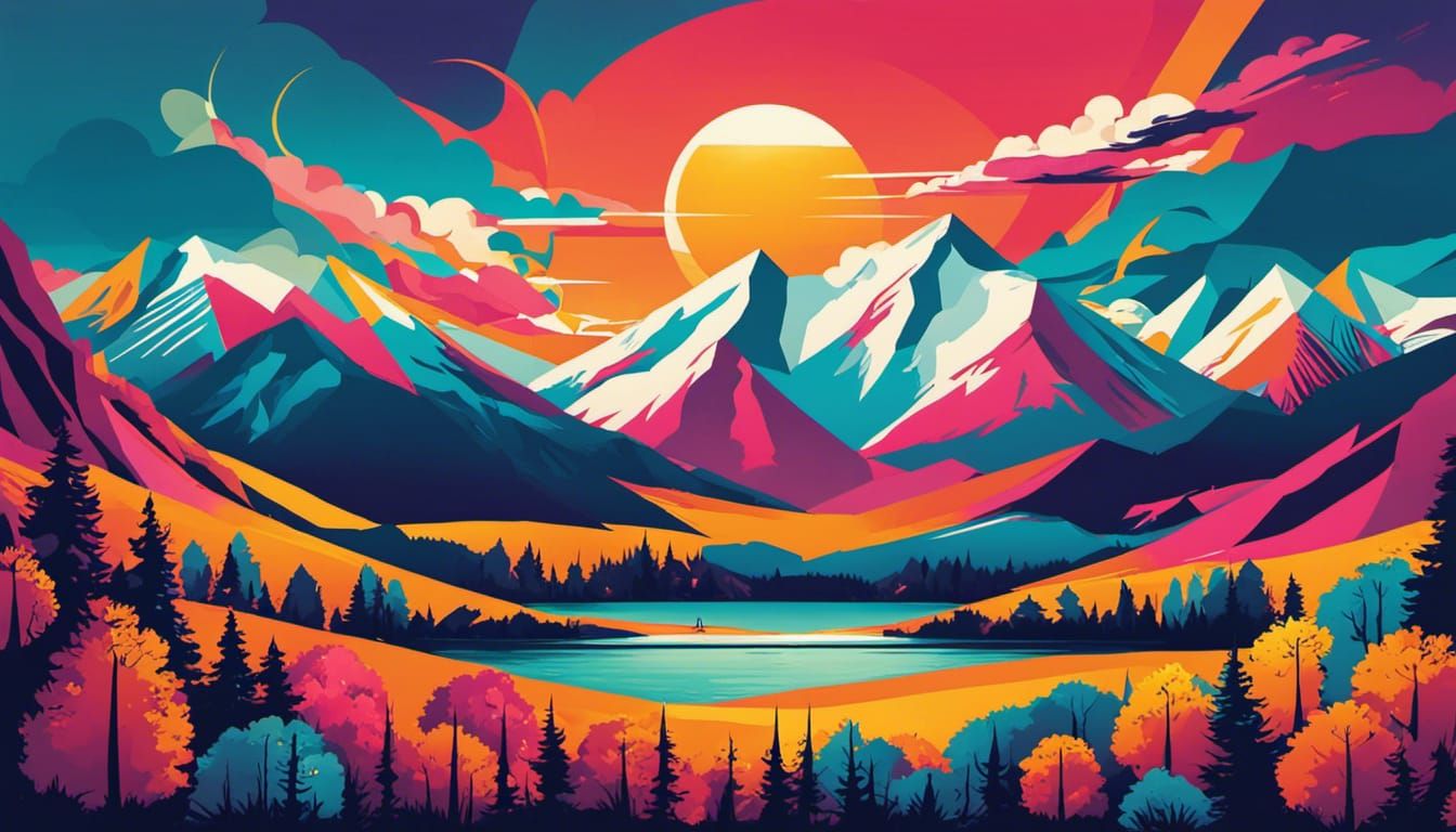 Pop Art Mountain Landscape with Waterfalls and Cabin
