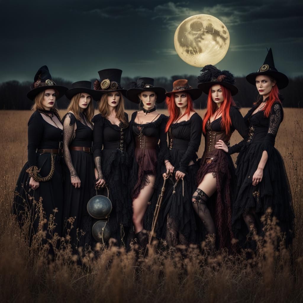 Steampunk Witches Coven Under Moonlight