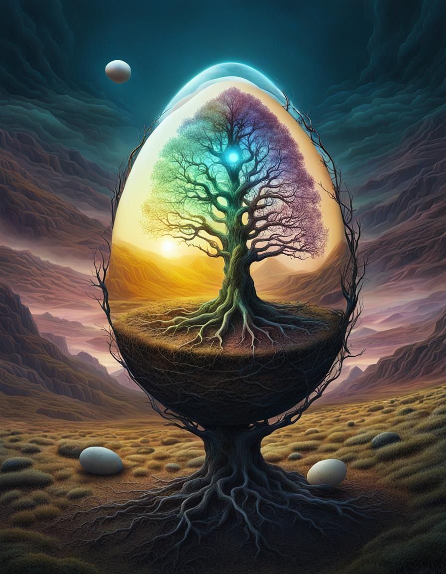 Surreal Mutant Tree Hatching in Chromatic Landscape
