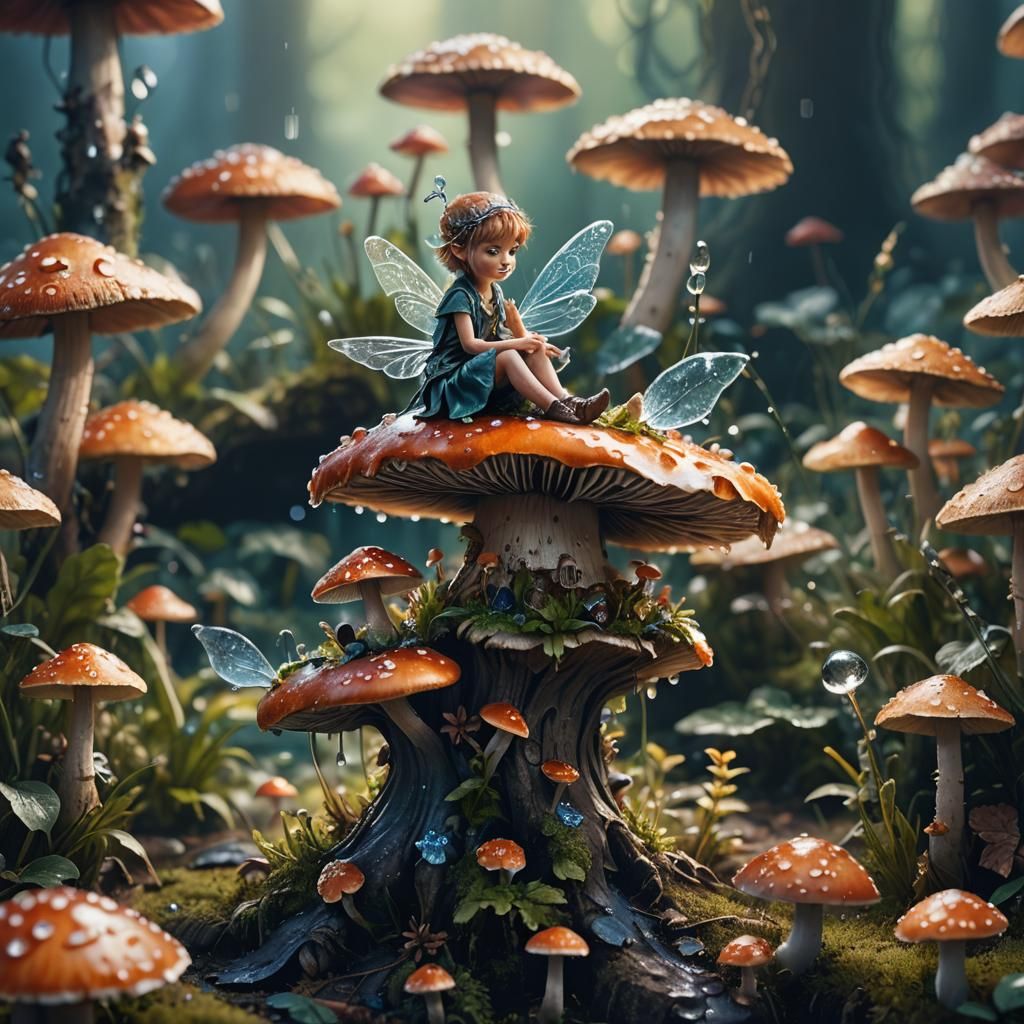 Fairy on Mushroom: Macro Photography in Detailed Matte Paint...