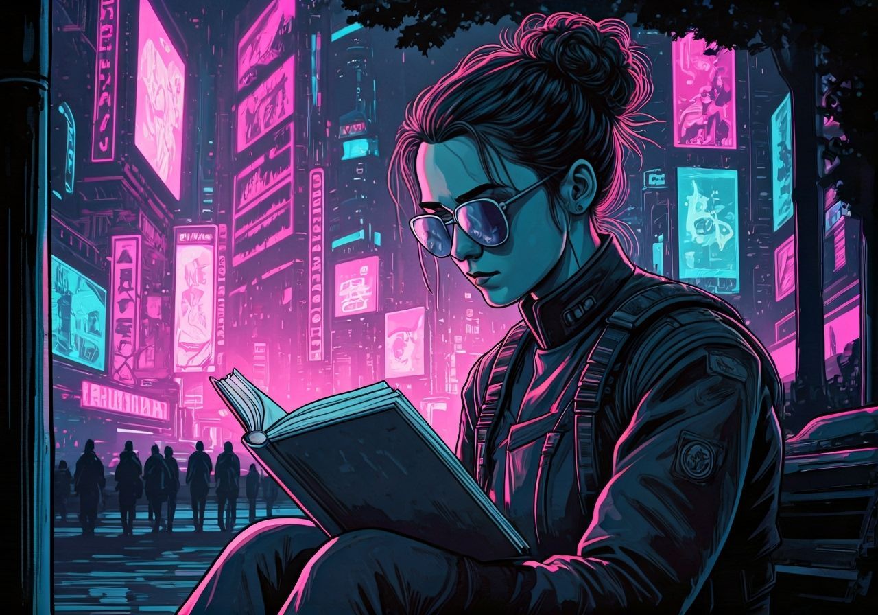 Cyberpunk Ashildr Reading in Neon Metropolis