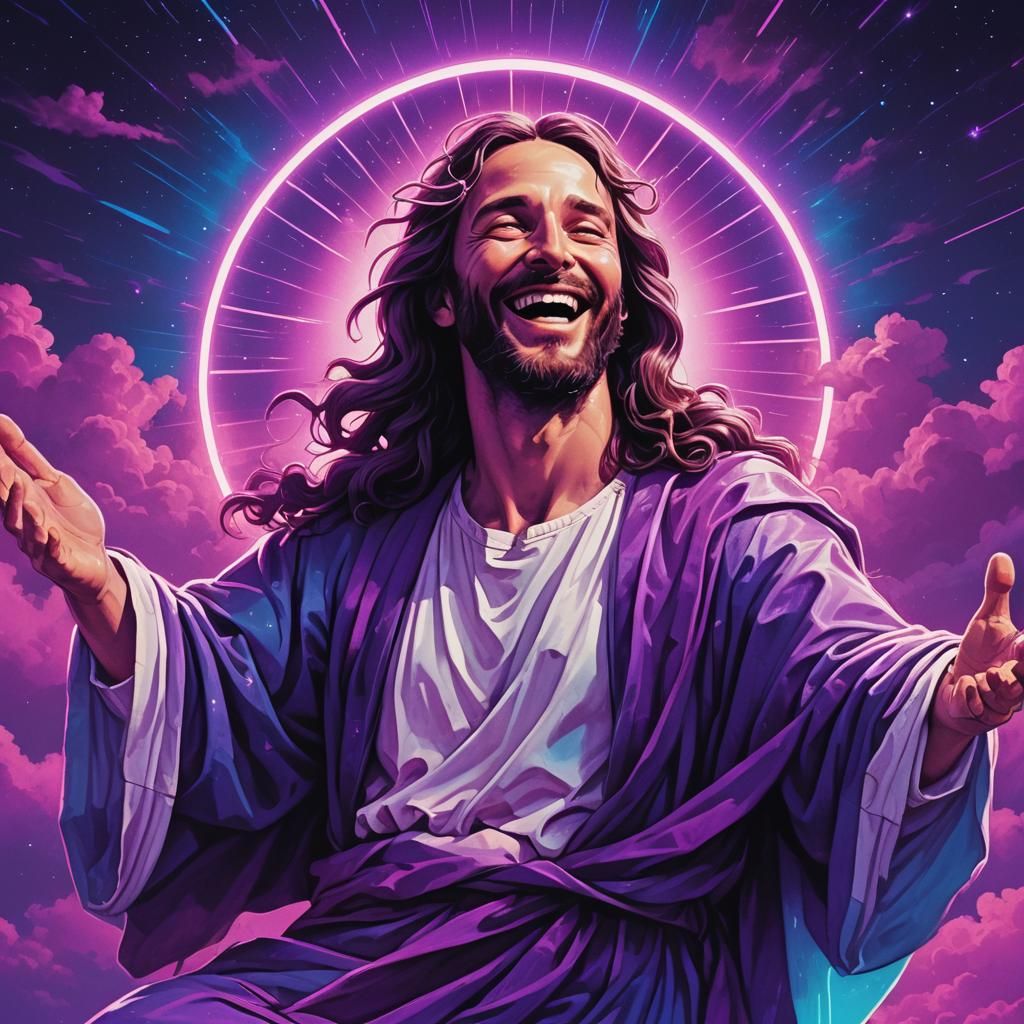 Laughing Jesus Embraces World: Synthwave Neon Art