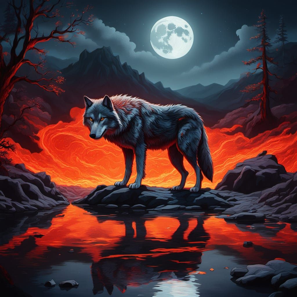 Lava Wolf by River in Surrealist Oil Painting
