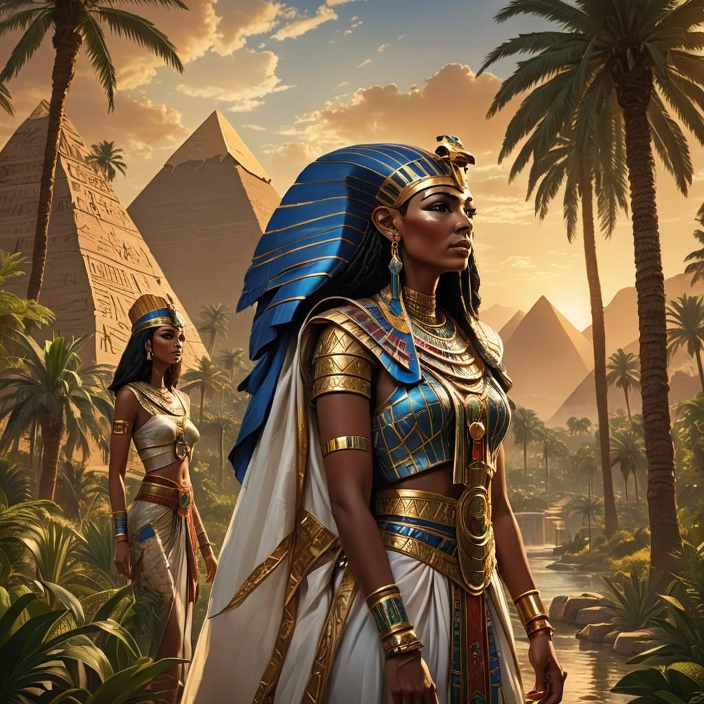 Egyptian Pharaoh and Queen Overlook Nile Valley