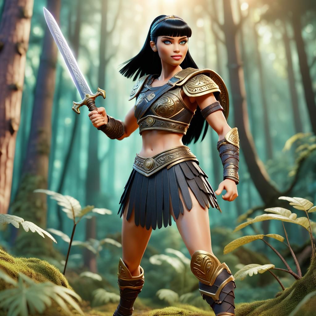 Barbie as Xena in Forest: 3D Digital Art