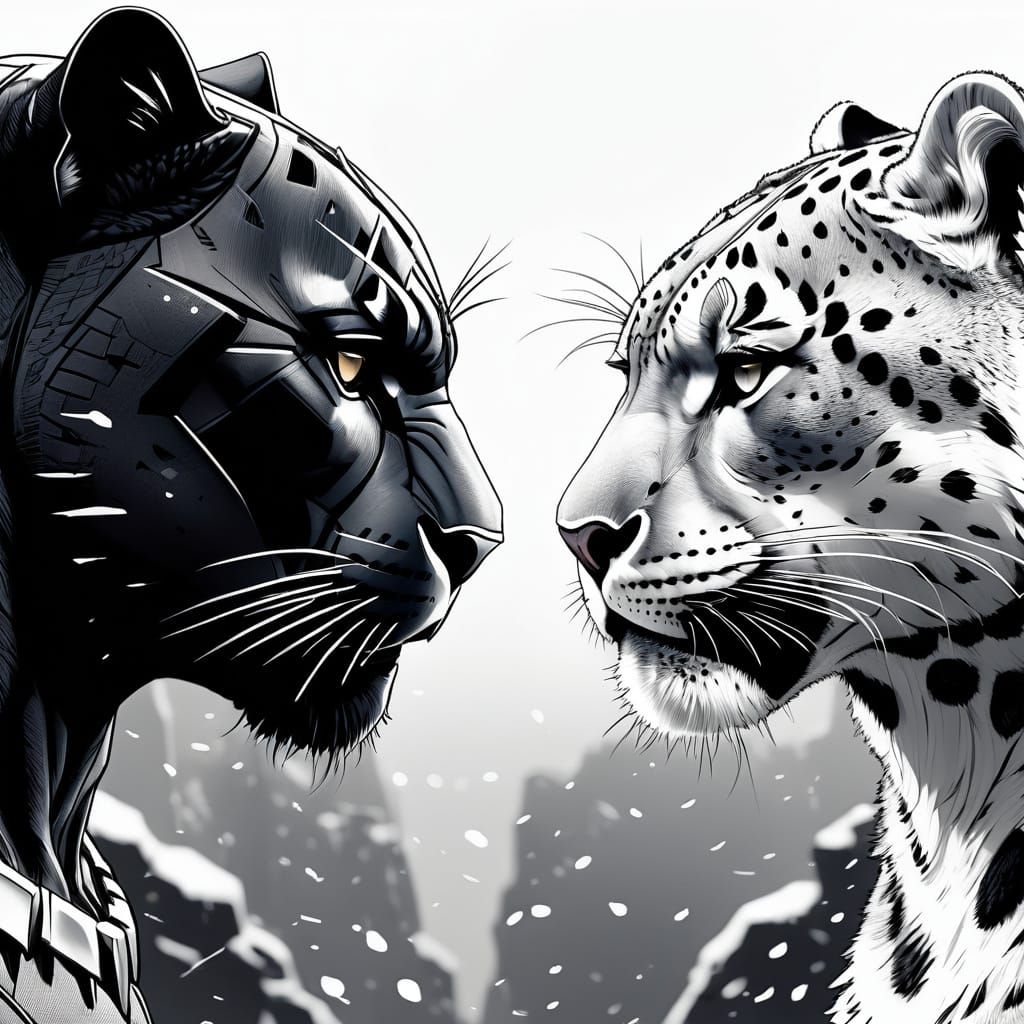 Black Panther and Snow Leopard in Comic Book Art Style