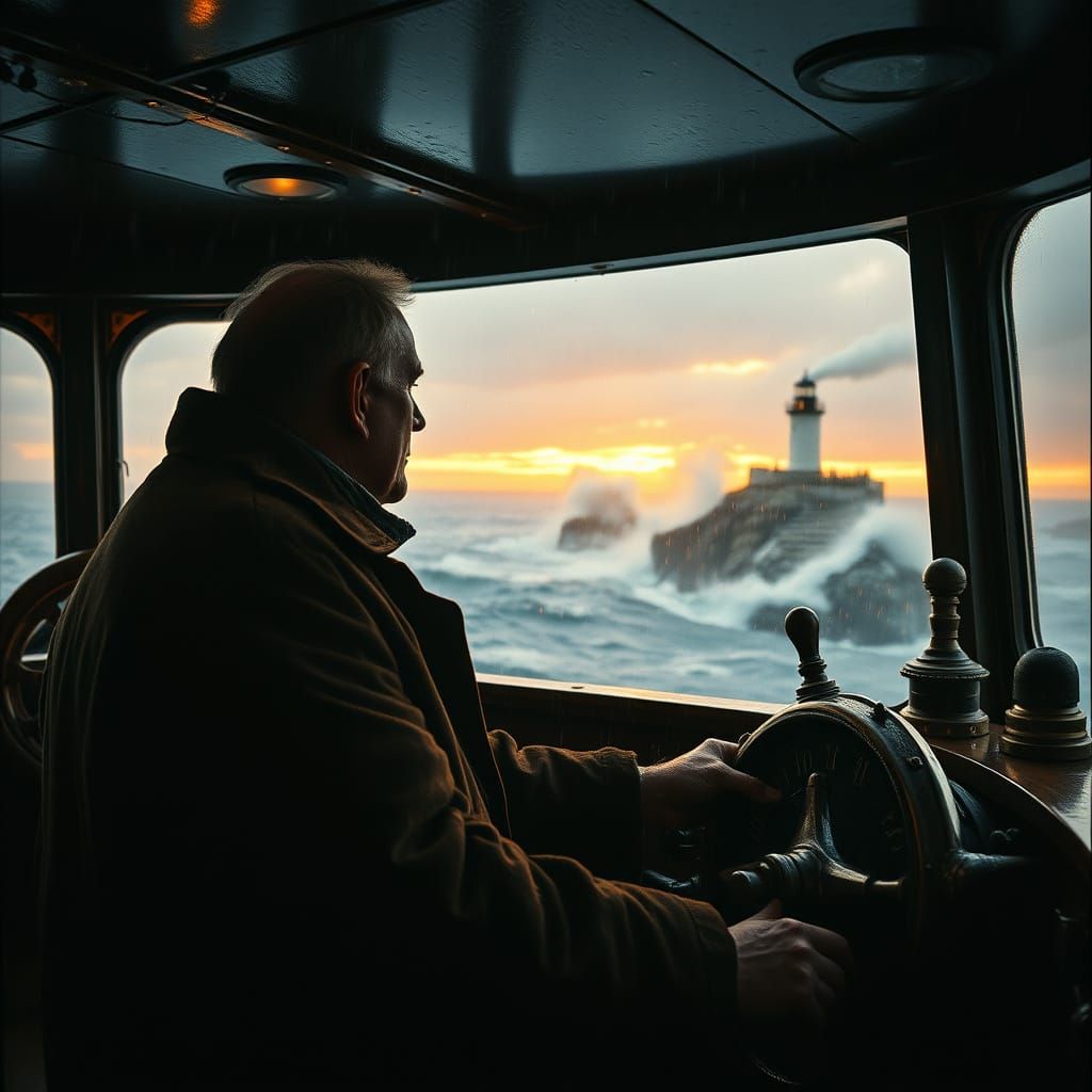 Steampunk Captain Navigates Stormy Sea at Sunset