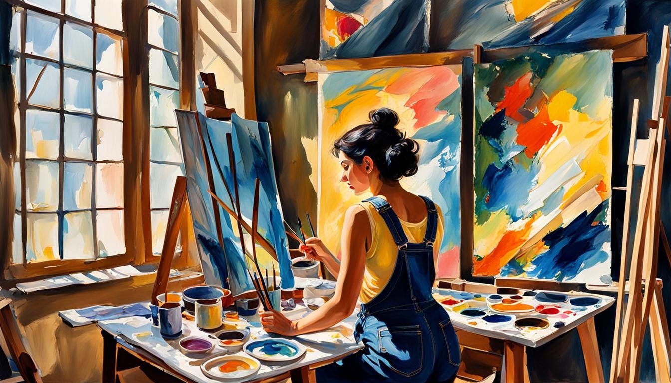 Painter's Atelier in Impressionist Gouache Style