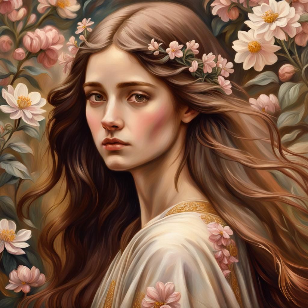 Woman with Flowers, in Pre-Raphaelite Style