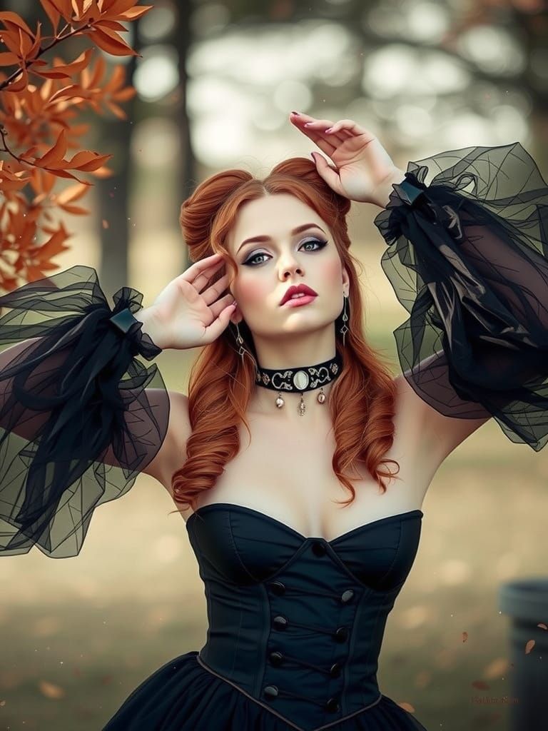 Red-Haired Woman in Gothic Corset, Autumn Landscape
