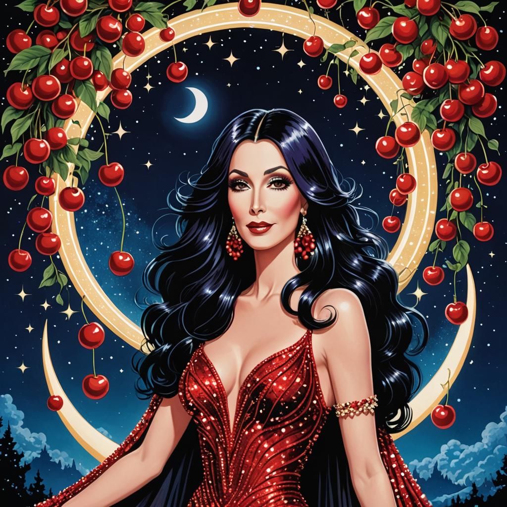 Cher-Inspired Cherry Art in Glam Rock Pop Style