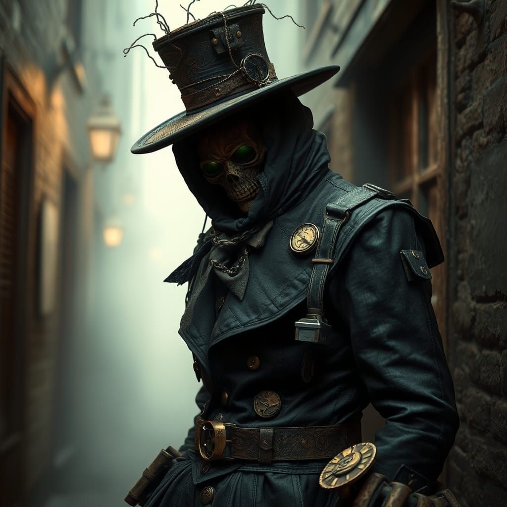 Victorian Clockwork Figure in Foggy Alleyway