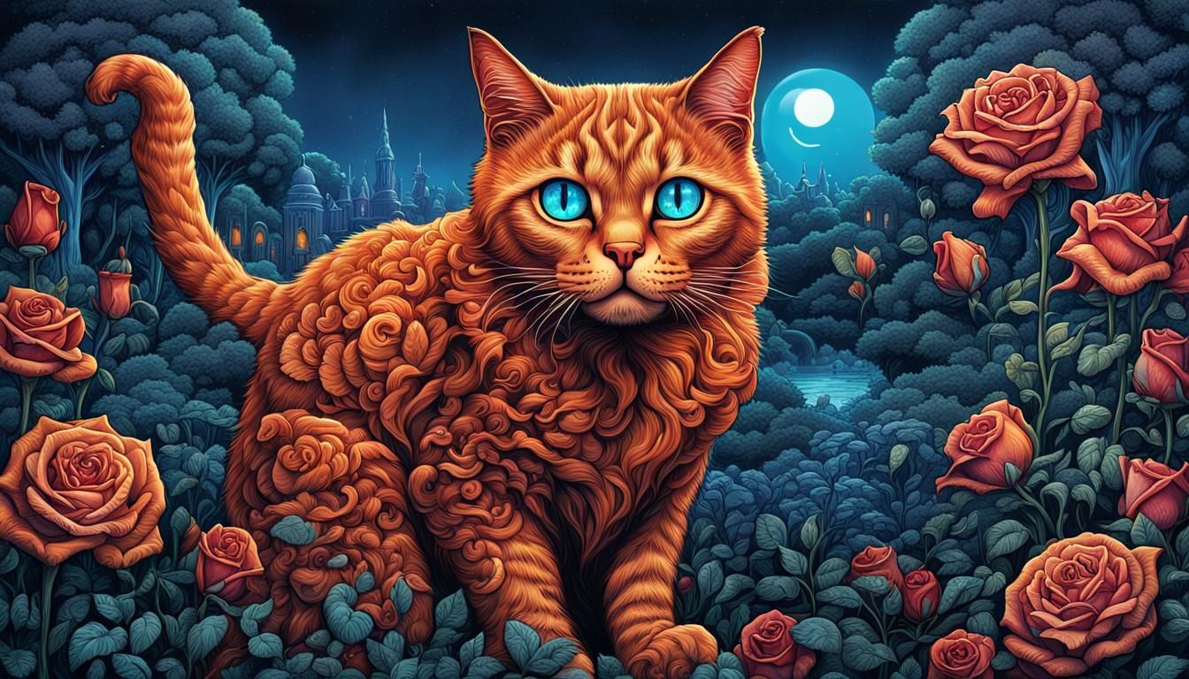 Ginger Cat in Rose Garden: Surreal Digital Illustration
