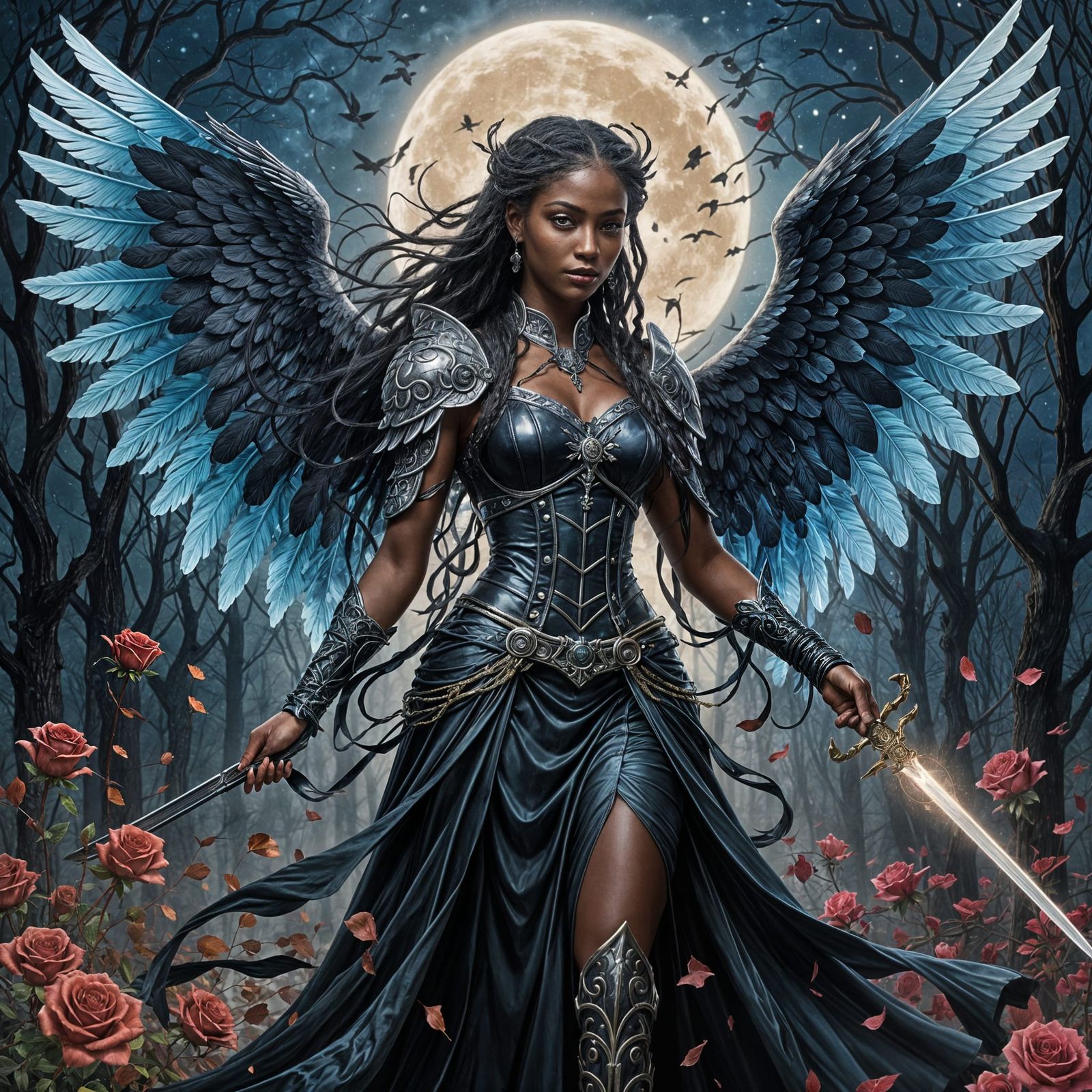 Ebony Goth Angel with Sword in Fantasy Art Style