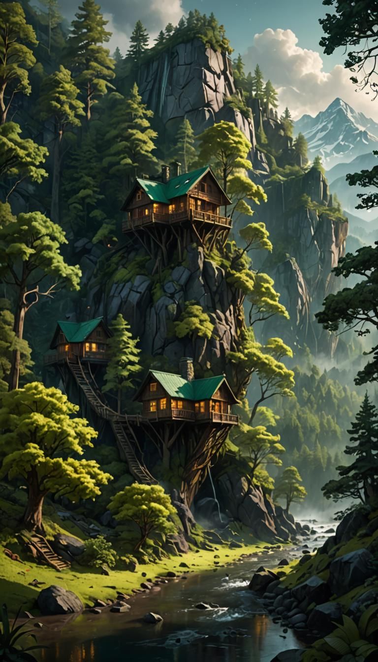 Lush Mountain Forest with Treehouse Chamber, Photorealistic