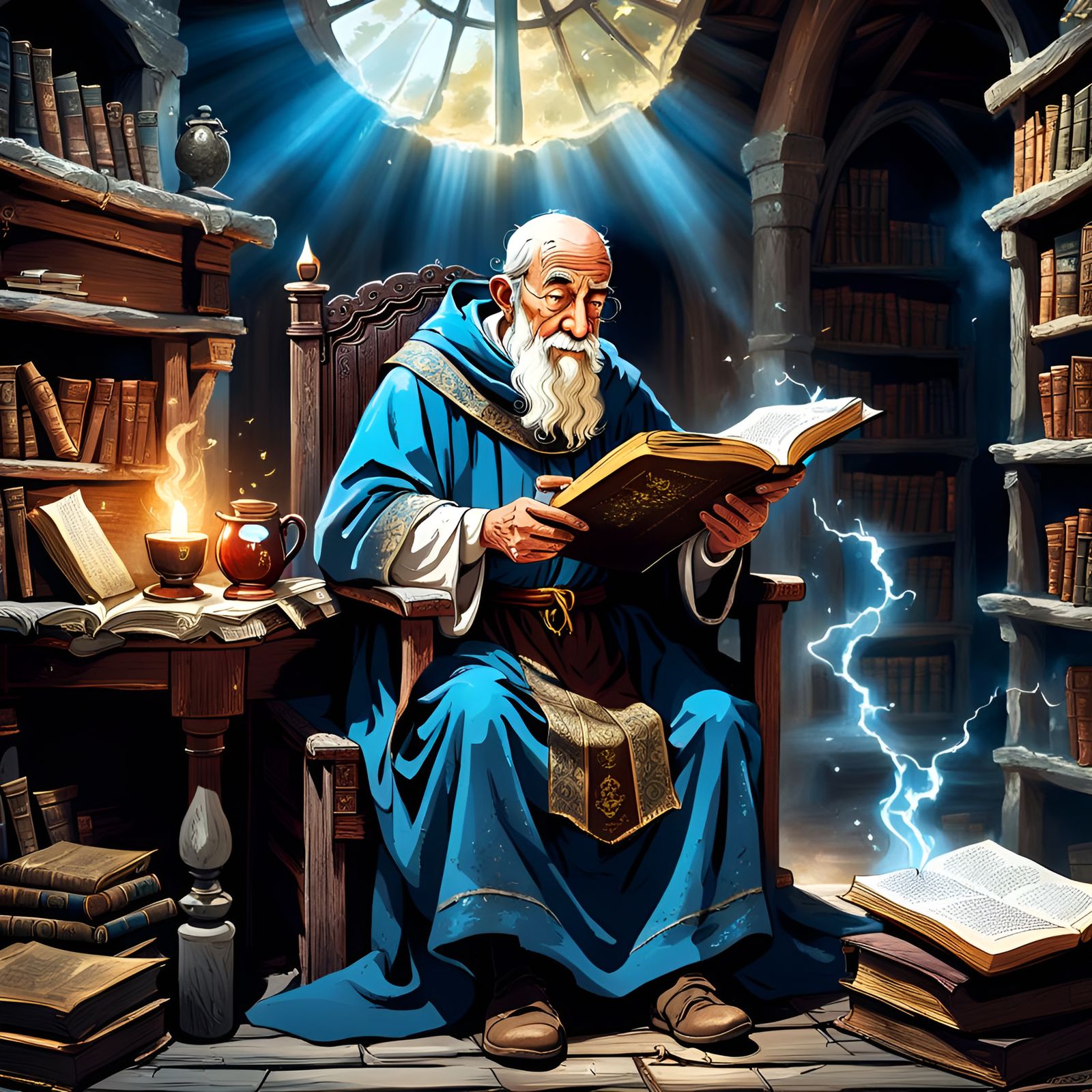 Powerful and wise blue Wizard. Very old man studying in his magical library. Colourful dark fantasy, bright sunlight.