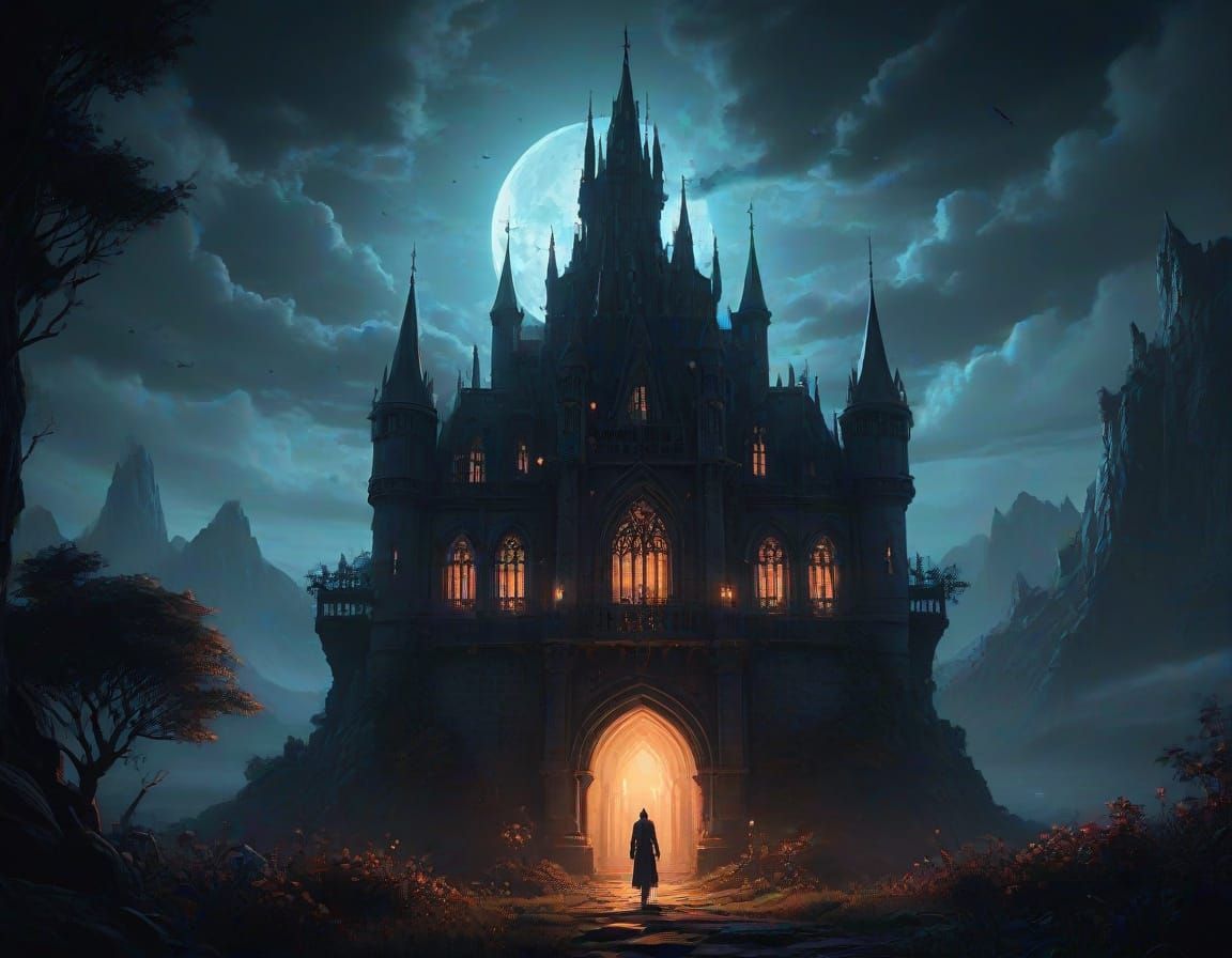 Gothic Castle Under Twilight Sky with Bioluminescent Flora