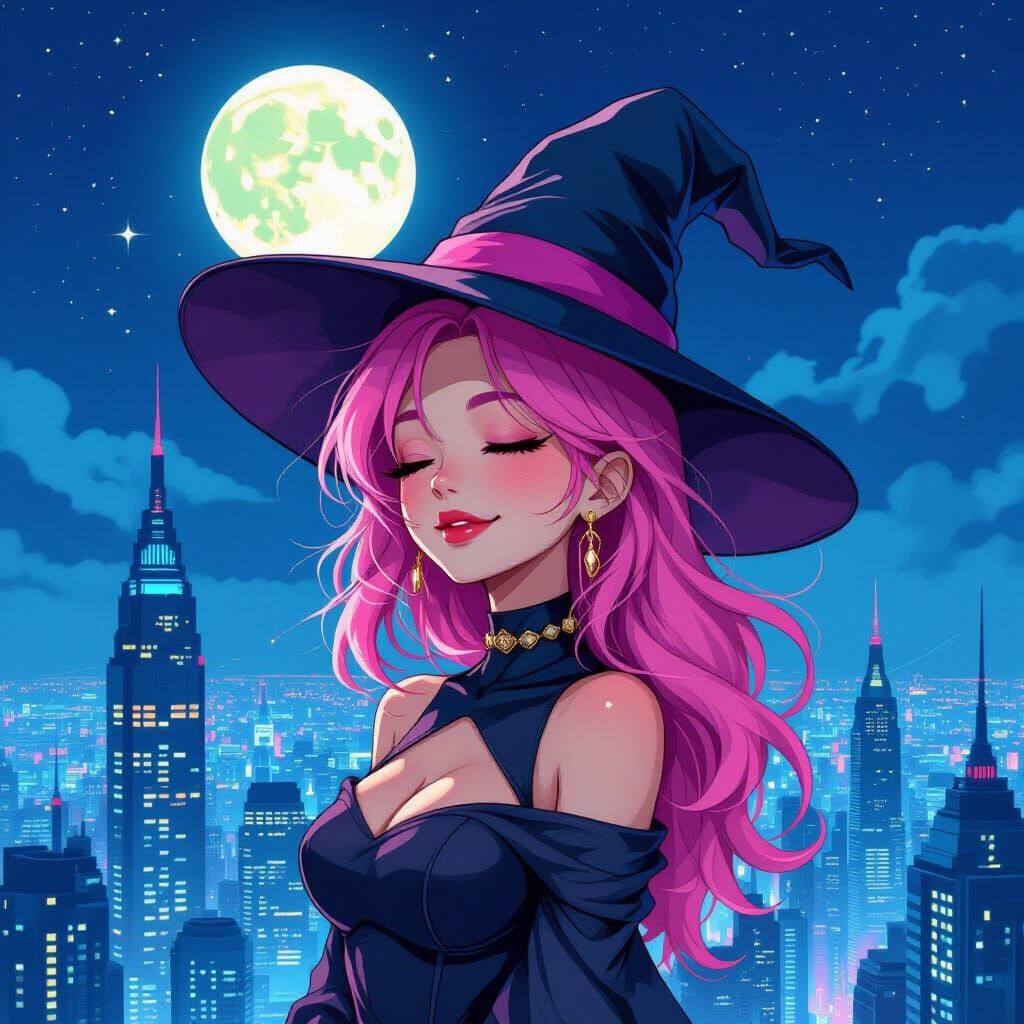 Mystical Anime Witch on Sci-Fi Skyscraper at Night