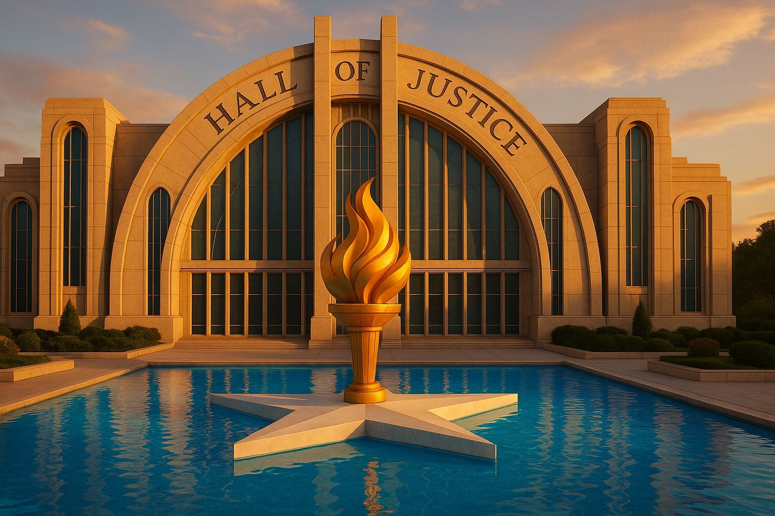 Hall of Justice at Golden Hour with Star and Flame Sculpture
