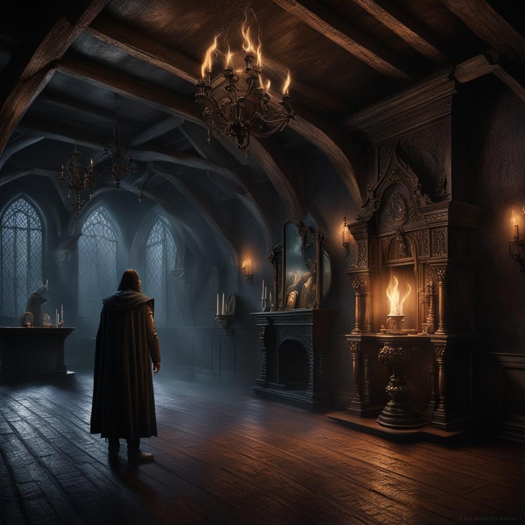 Ominous Medieval Room with Smoke and Mirrors