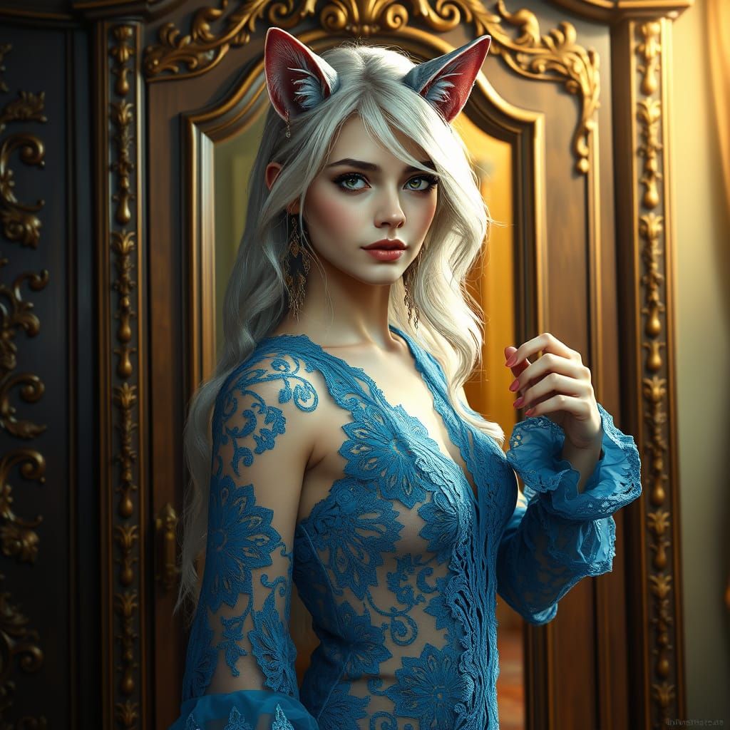 Elegant Woman in Luxurious Blue Attire, Standing Beside Orna...