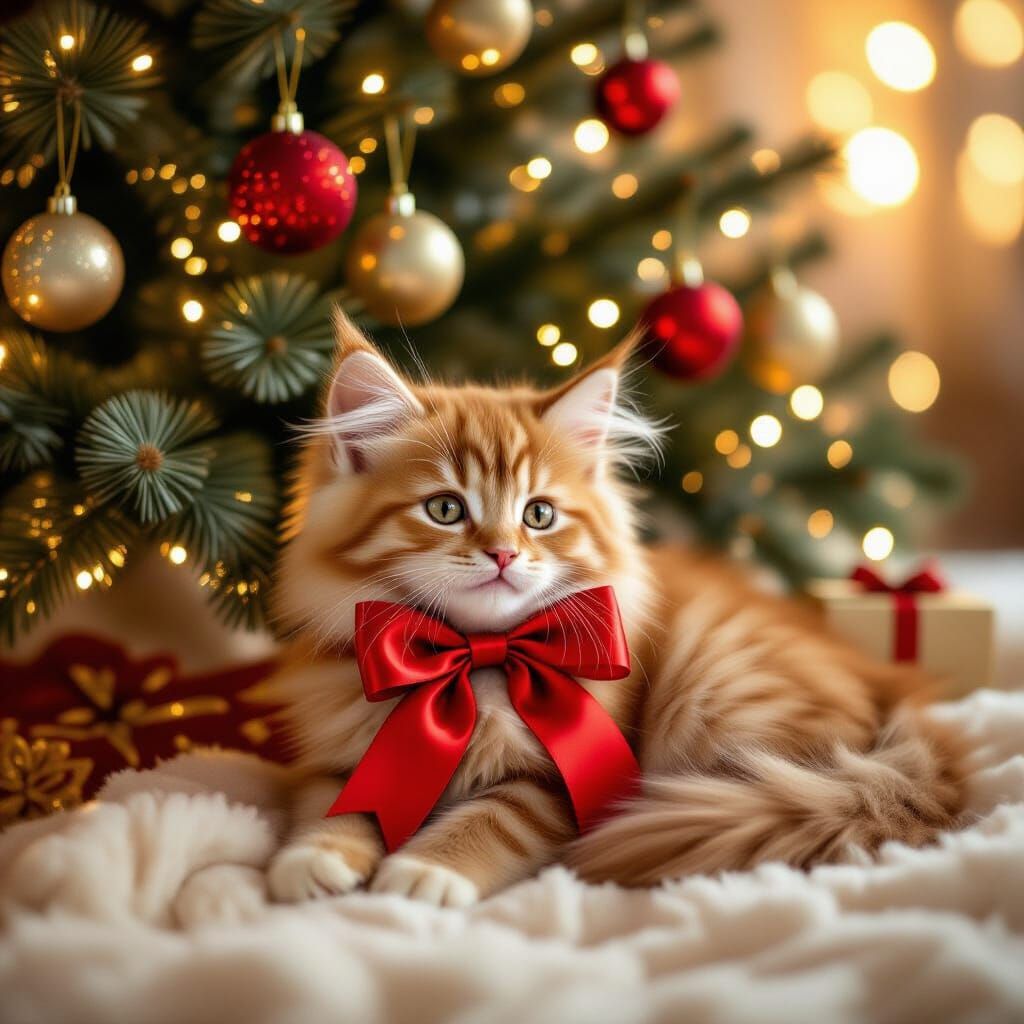 Adorable Kitten with Red Bow Under Christmas Tree