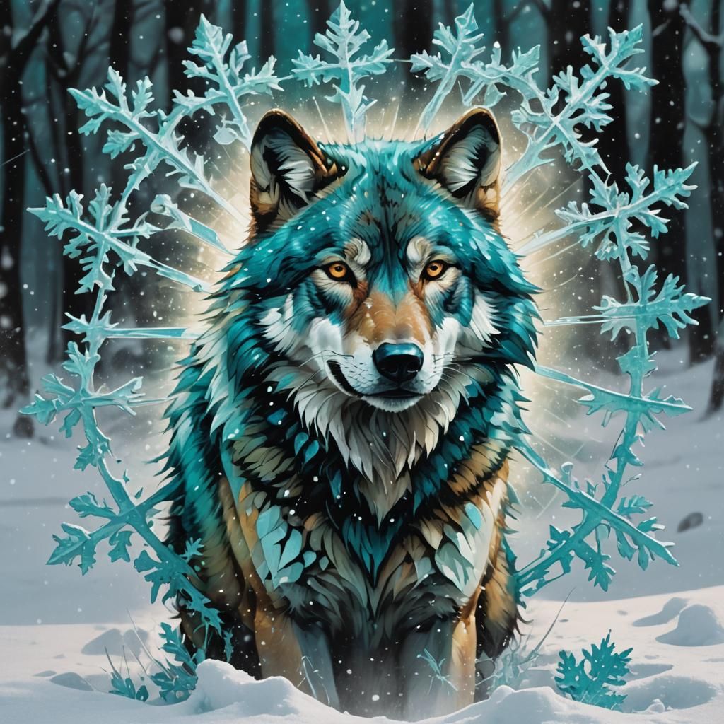 Reflexive Wolf in Snowflake with Turquoise Colors