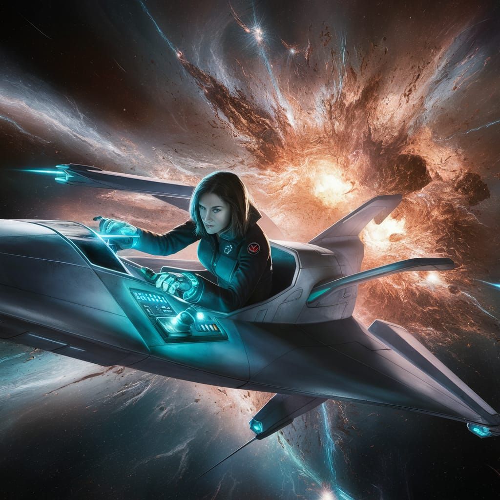 Sci-Fi Pilot Navigating Spaceship Through Exploding Galaxy