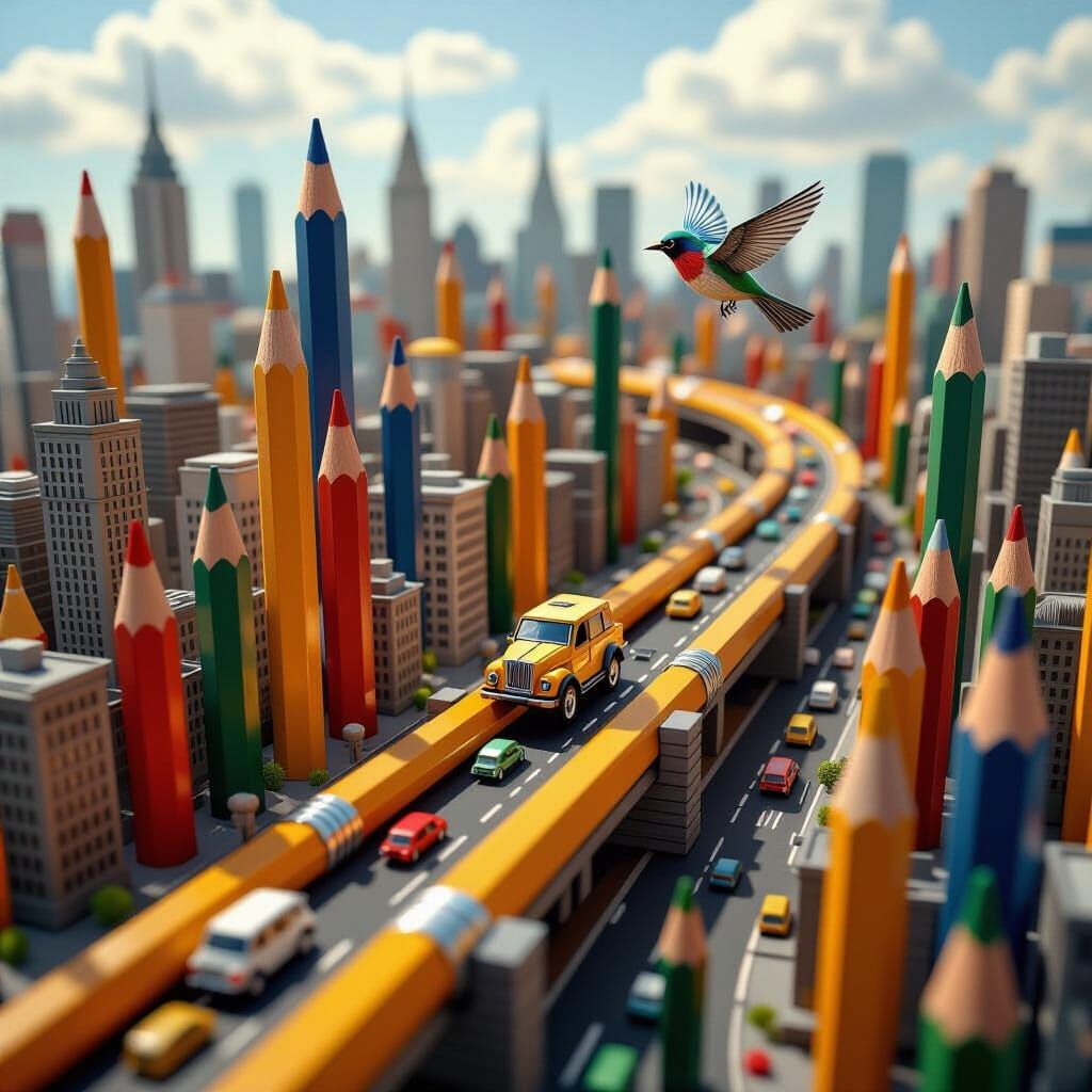 Pencil Cityscape with Mechanical Bird Hyperrealistic Art