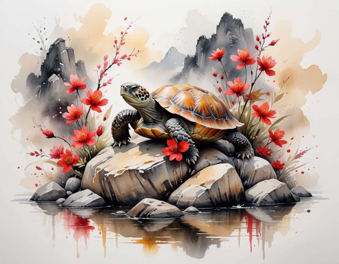 Wise Turtle by Stream in East Asian Ink Style