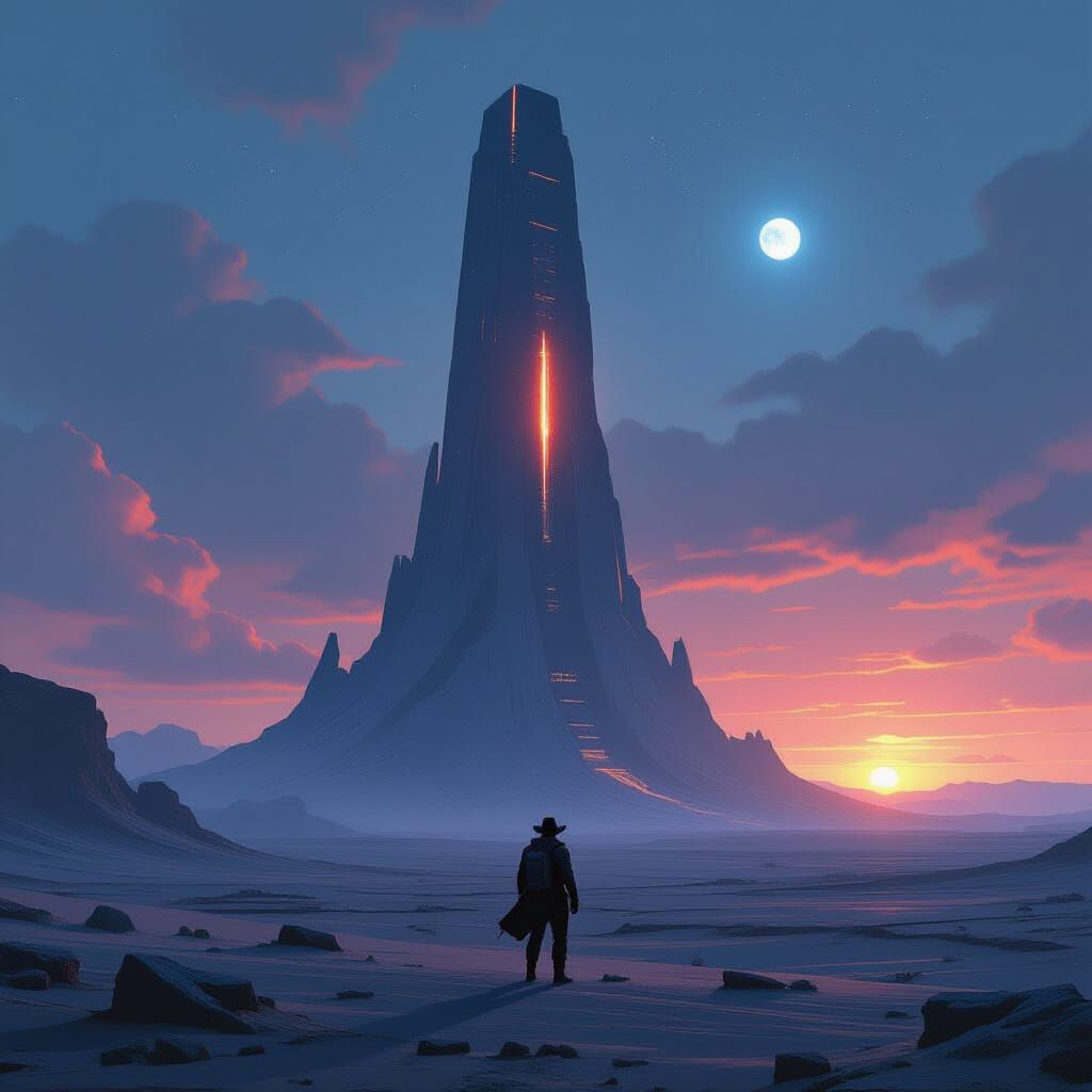 Cowboy-Astronaut Gazing at Alien Structure in Ethereal Sunse...