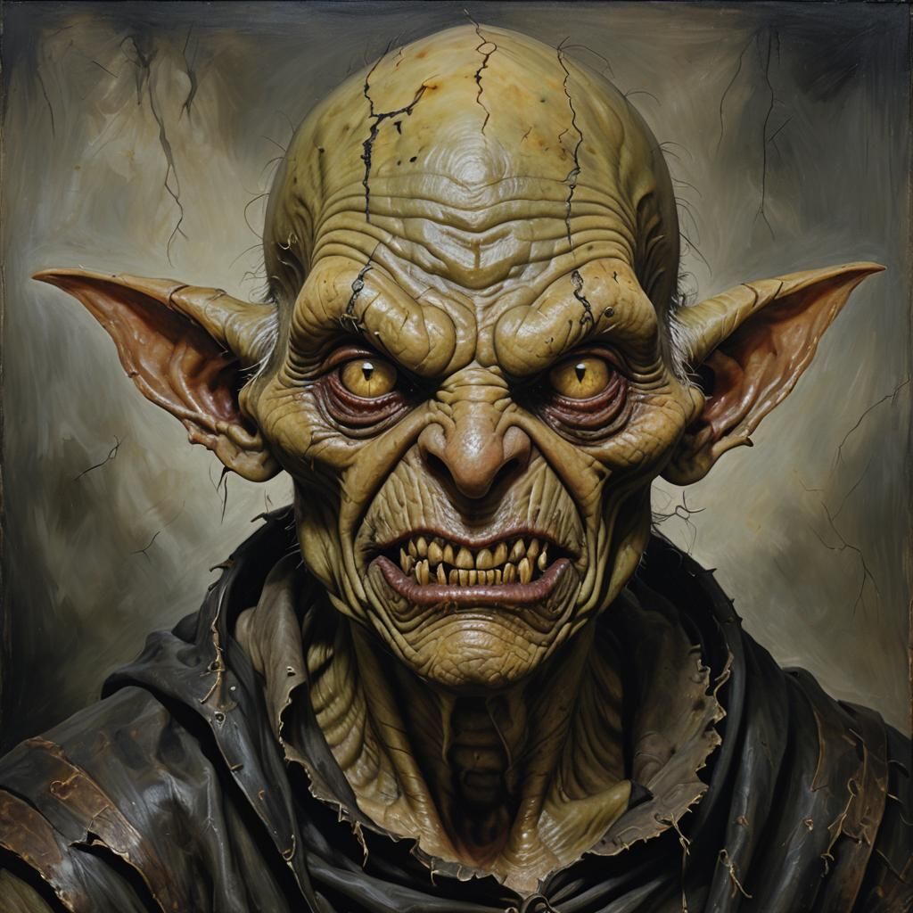 A hyperrealistic oil painting depicting a terrifying, old goblin-like creature with wrinkled, leathery skin. The creatur...
