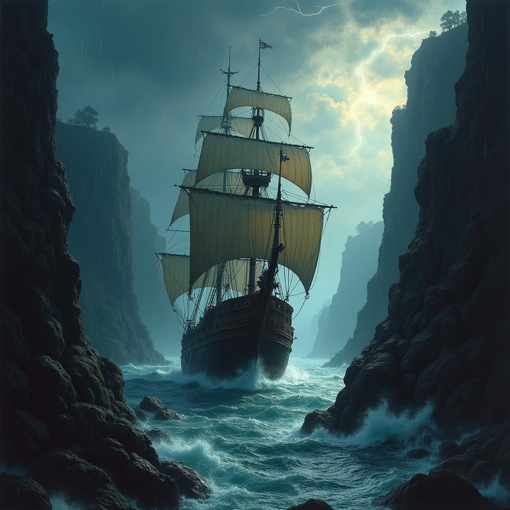 pirate ship going through a rocky ravine with a stormy dark ...