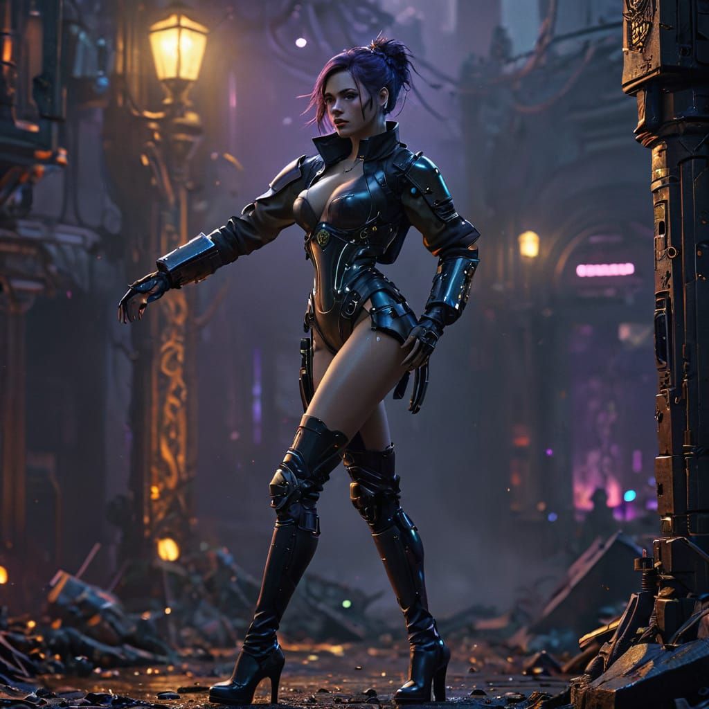 Cyborg girl with robot body and over knee stiletto platform high heel boots