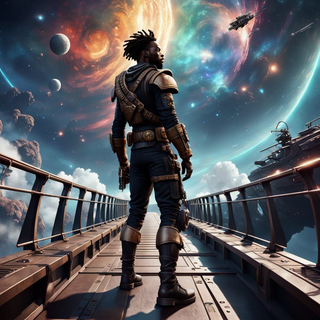 Space Pirate Overlooking Nebula in Matte Painting Style