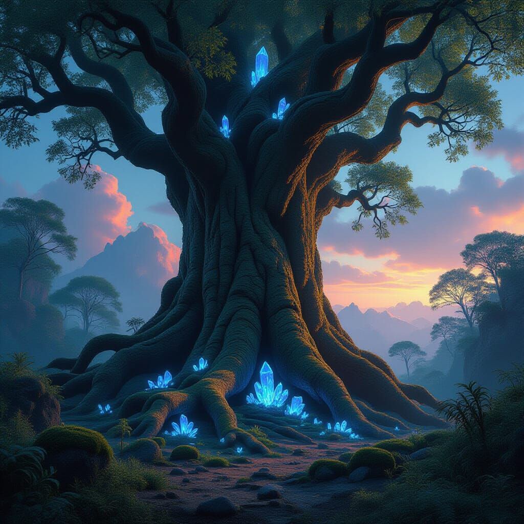 Alien Forest with Colossal Ancient Tree at Twilight