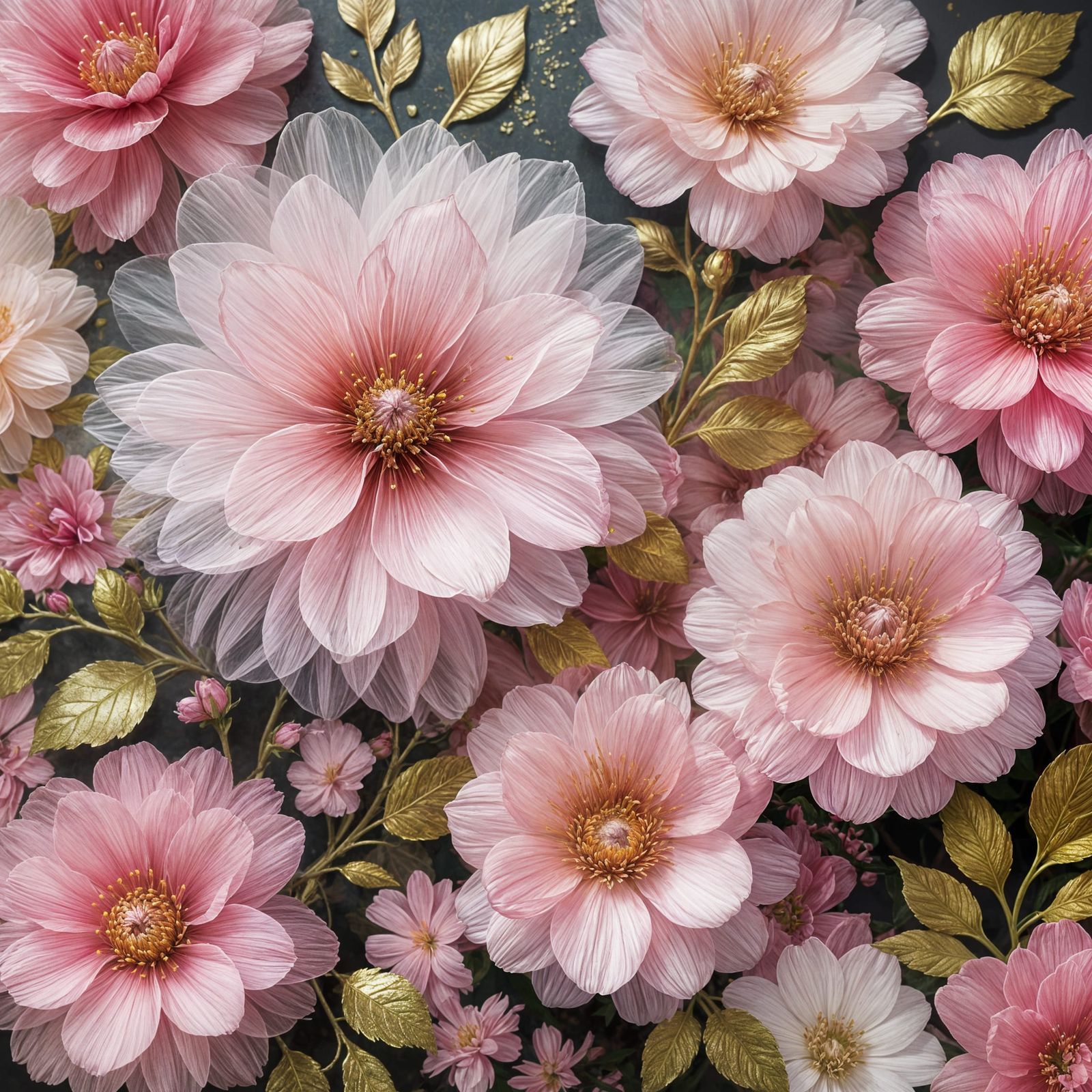 Fantasy Pink and Gold Tulle Flowers in Oil