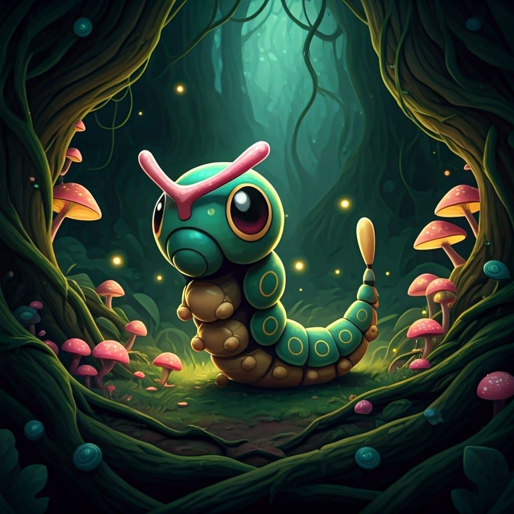 Iridescent Caterpie in Mystical Forest Art