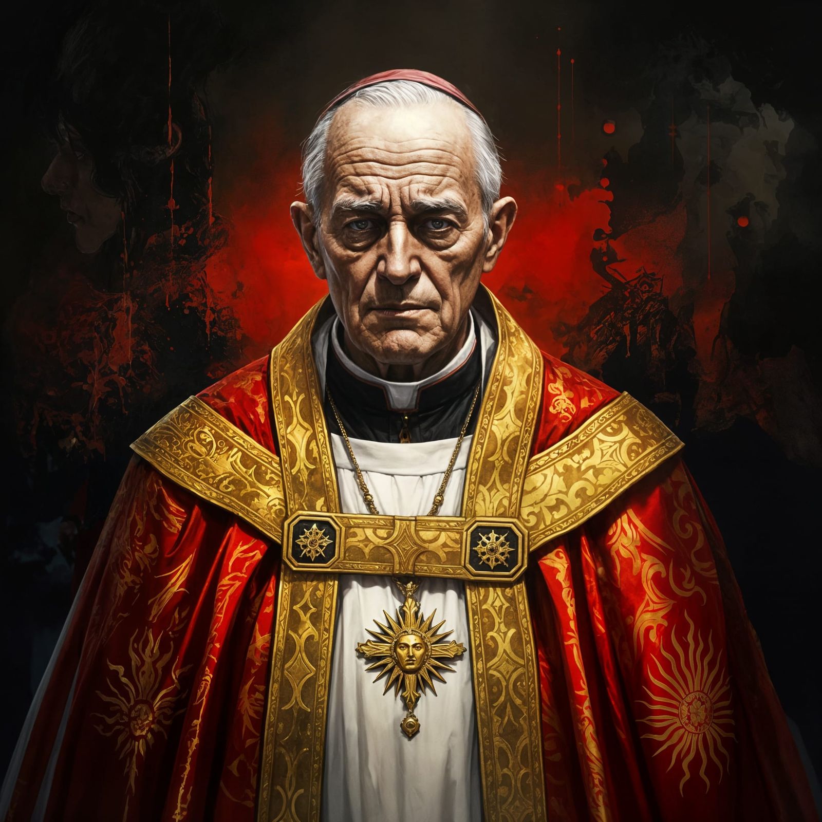 A High Priest in Opulent Red and Gold Vestments