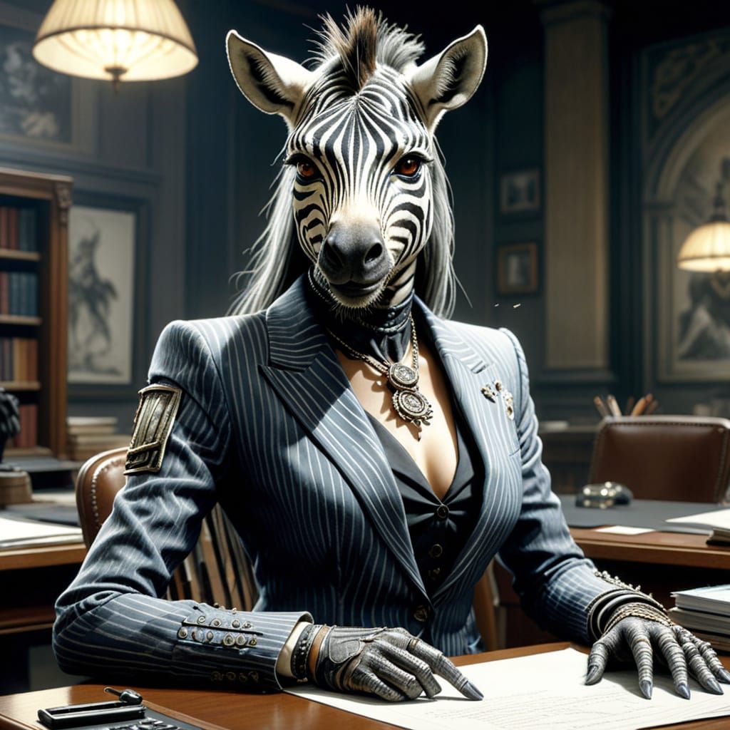 Surreal Zebra Businesswoman in Pinstriped Suit