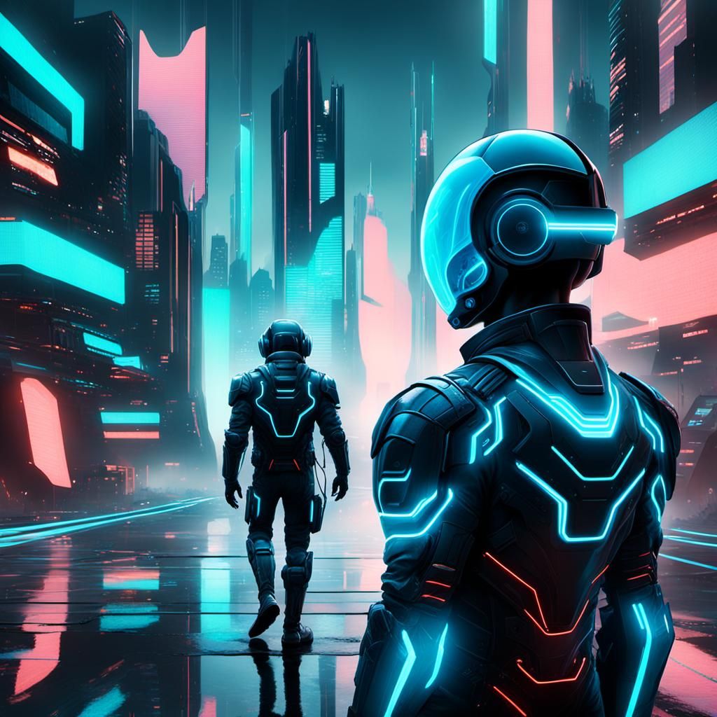 Futuristic Figure in Neon-Lit Cityscape